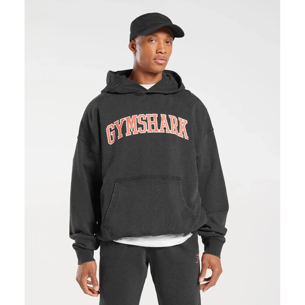 Gymshark Collegiate Hoodie Men's Black Acid Wash Spellout Pullover Size M